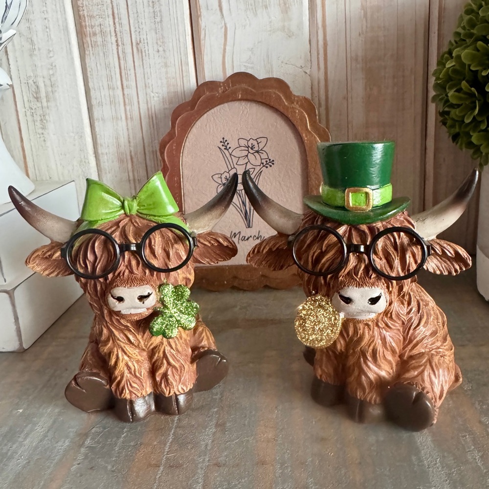 Cute St. Patrick’s Day Highland Cow Figurines with Glasses.